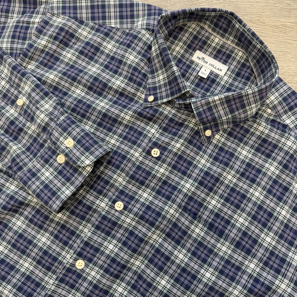Peter Millar Robertson Sport Shirt Mens Large Blue Green Plaid Button Up EUC